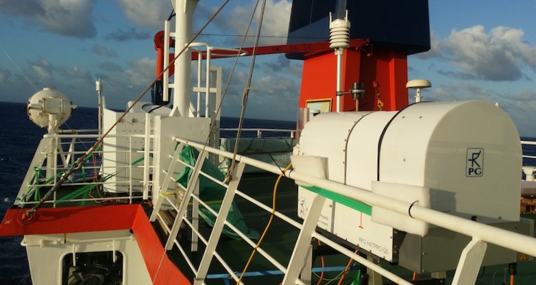 enlarge the image: Ground-based remote sensing: LIMHAT and LIMRAD94 employed at the research ship Meteor during a measurement campaign in the Caribbean in 2020. Photo: Heike Kalesse / University of Leipzig