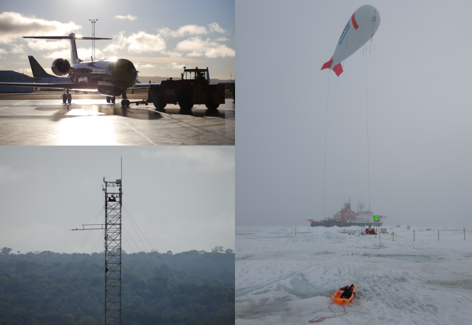 The first picture shows a measuring aircraft after landing. The second picture shows a measuring tower in the Brazilian rainforest. In the third picture, a tethered balloon is released in front of the research vessel Polarstern. Photos: Andre Ehrlich, Kátia Mendes de Barros, Michael Lonardi