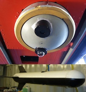 Zwei Fotos zeigen die Anwendungsmöglichkeiten des SMART-Albedometers. Im oberen Bild sieht man die optischen Einlässe auf der Unterseite des Polarflugzeugs, auf dem unteren Foto eine Hubschrauber-Schleppsonde, in der SMART integriert ist. Fotos: André Ehrlich, Frank Werner