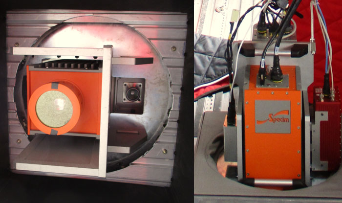 Two photos show the Aisa cameras installed in the Polar 5 aircraft. The left picture shows the optics of the downward-facing cameras. The right picture shows the measurement system as it is integrated in the aircraft cabin. Photos: Elena Ruiz-Donoso / University of Leipzig 