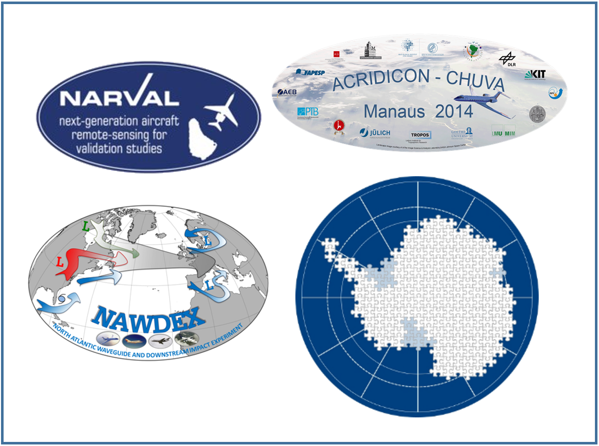 Logos der abgeschlossenen Projekte NARVAL, ACRIDCON-CHUVA, NAWDEX und ANT-LAND. Logos: DFG
