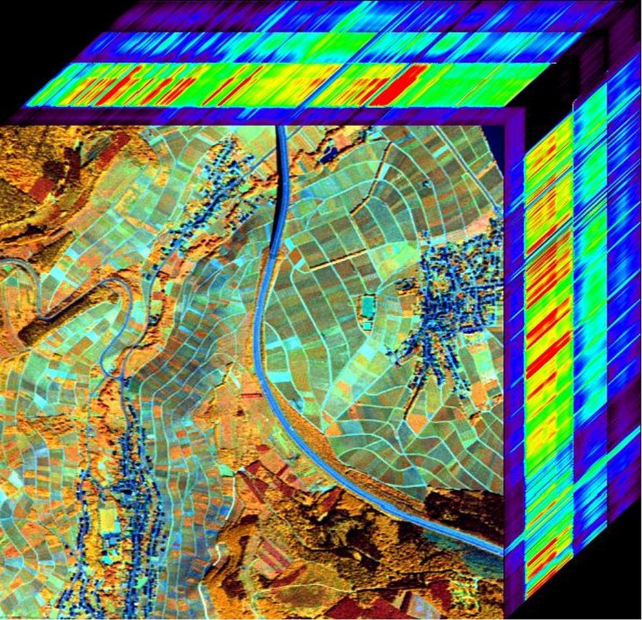 zur Vergrößerungsansicht des Bildes: Sehr buntes typisches Hyperspectralbild einer Landschaft. Die Darstellung erfolgt würfelförmig zur Darstellung verschiedenster Spektralbänder.