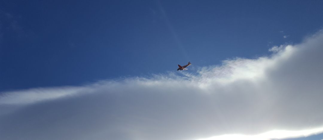 Research aircraft Polar 5 seen from below, flying along the cloud edge. Photo: Michael Schäfer