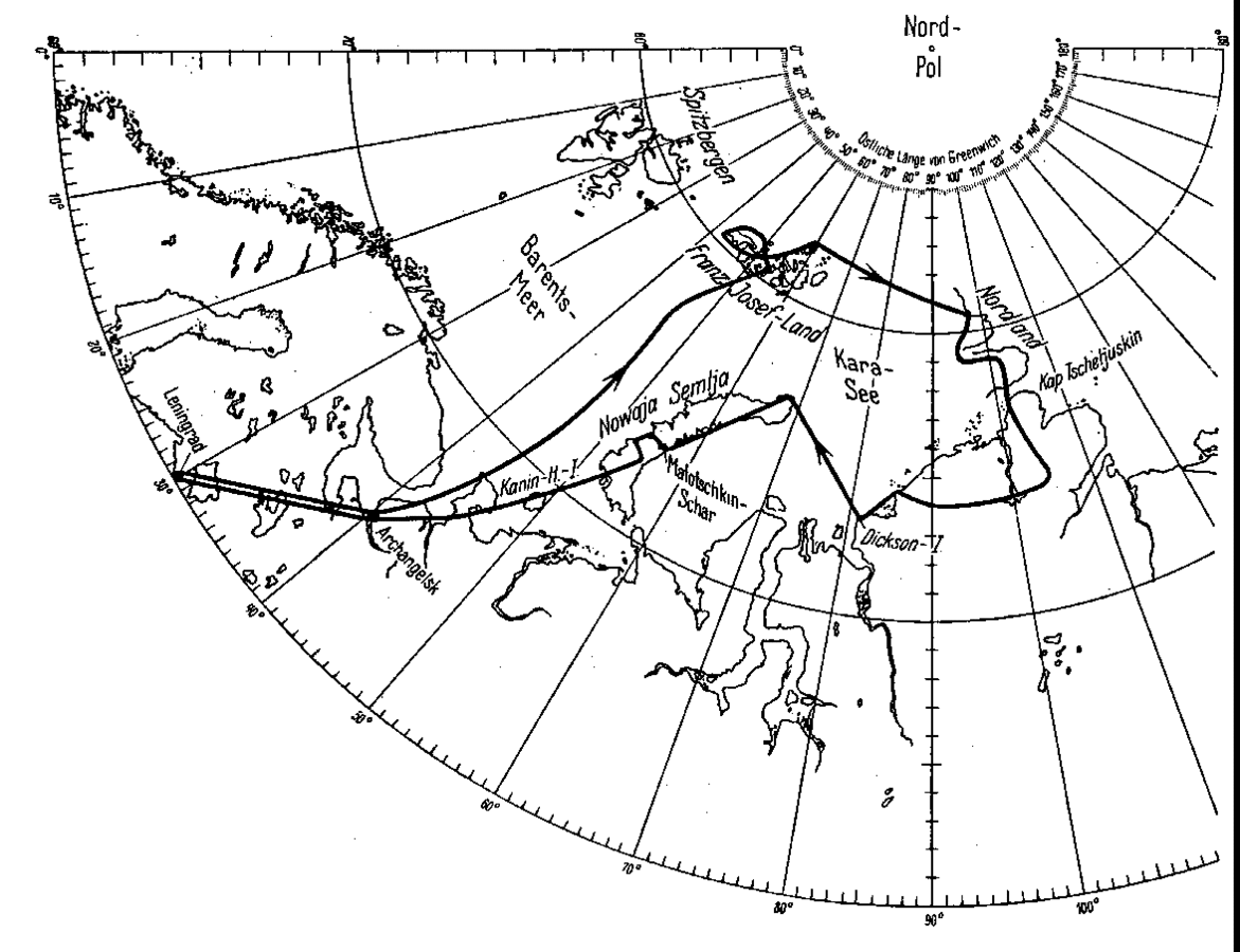 Route of the "Graf Zeppelin" during the Arctic expedition in 1931. Aus: O. Baschin, Die Arktisfahrt des Luftschiffes „Graf Zeppelin“, Die Naturwissenschaften, 20. Jg, H. 1, 1932