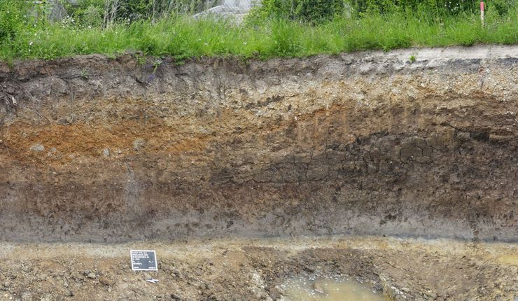 Nördlingen, excavation of the moat Egeraue, M-2021-743-3_0 east profile, drone, photo: Archäologiebüro Dr. Woidich