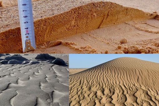 Die Mischung macht’s: Megarippel in Sandwüsten (unten) haben eine windabhängig variable Sandzusammensetzung aus groben und feinen Körnern (oben). Ein darin verstecktes universelles Korngrößenverhältnis wurde jetzt erstmals nachgewiesen.