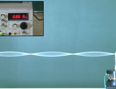 An zwei Stäben aufgehängtes Gummiseil wird zu Schwingungen angeregt. Das Seil bildet drei Wellenberge mit dazwischenliegenden Knoten. oben links in der Ecke ist ein Ausschnitt des Freqenzgenerators gezeigt, welcher eine Frequenz von 68,6 Herz zeigt.