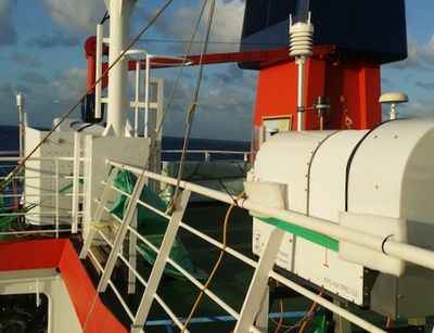 Ground-based remote sensing: LIMHAT and LIMRAD94 employed at the research ship Meteor during a measurement campaign in the Caribbean in 2020. Photo: Heike Kalesse / University of Leipzig