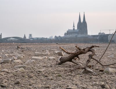 Köln am ausgetrockneten Rhein steht symbolisch für den Zusammenhang von Klimawandel und Stadt (Foto: colourbox)