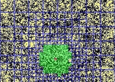 Visualisierung des Entscheidungprozesses über den neuen Zustand des rot dargestellten Spins eines ferromagnetischen Systems mit langreichweitigen Wechselwirkungen. Der Nahfeldbereich (grün) wird wie für kurzreichweitige Wechselwirkungen behandelt, während im Fernfeldbereich (gelb) hierarchische Datenstrukturen (Größe der blauen Boxen) verwendet werden, die auf den momentanen Systemzustand angepasst sind.