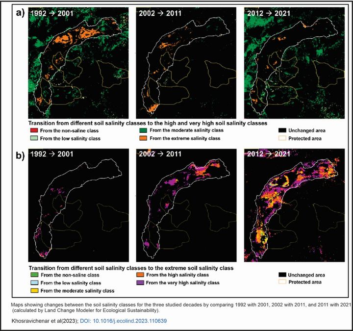 zur Vergrößerungsansicht des Bildes: Abbildung 3: Karten, die die Veränderungen zwischen den Bodensalzgehaltsklassen für die drei untersuchten Jahrzehnte zeigen