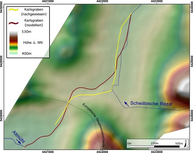 Vergleich des nachgewiesenen und modellierten Verlaufes des Karlsgrabens